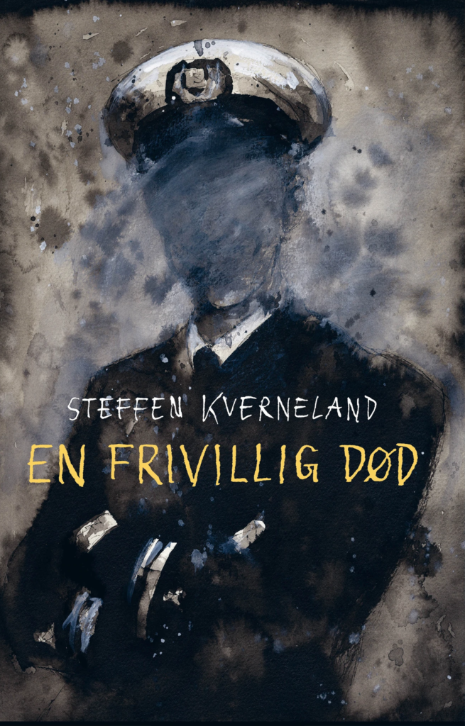 Bokforside for "En frivllig død" av Steffen Kverneland. Nominert til Bibliotekets litteraturpris 2022. Et vannmaleriportrett av en marineoffiser som har blurret ansikt