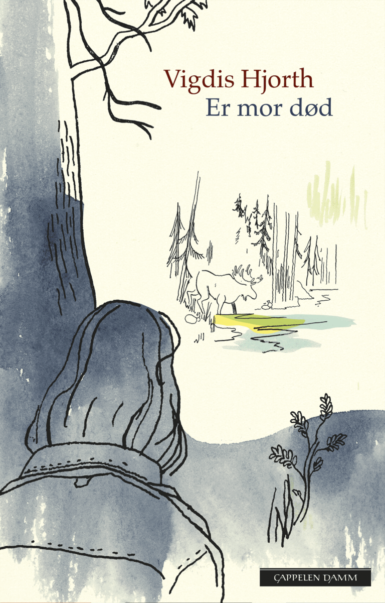 bokforside for "Er mor død" av Vigdis Hjorth fra 2020. Nominert til Bibliotekets litteraturpris. Pastellmaleri med et bakside av hodet til en person som ser på en elg ved en elv.